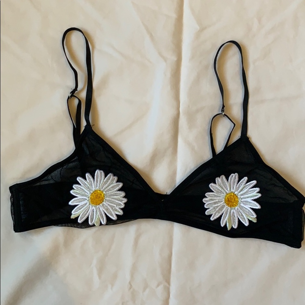 Sheer Black Bralette w/ Daisy Patches